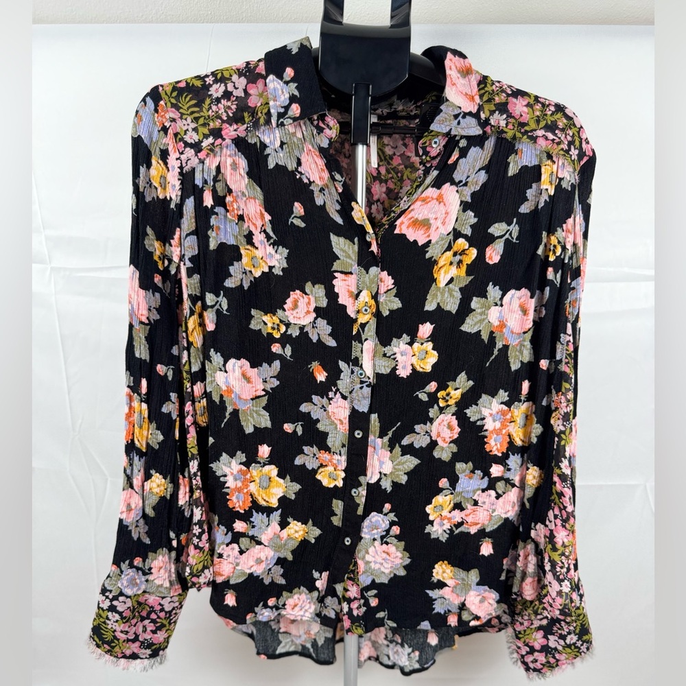 Floral Button-Front Women's Blouse - Black with Pink & Yellow Flowers